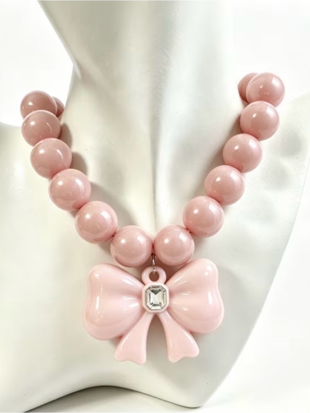 Pink Beaded Ball Necklace Bow Charm Pendant Clear Emerald Crystal, 18in